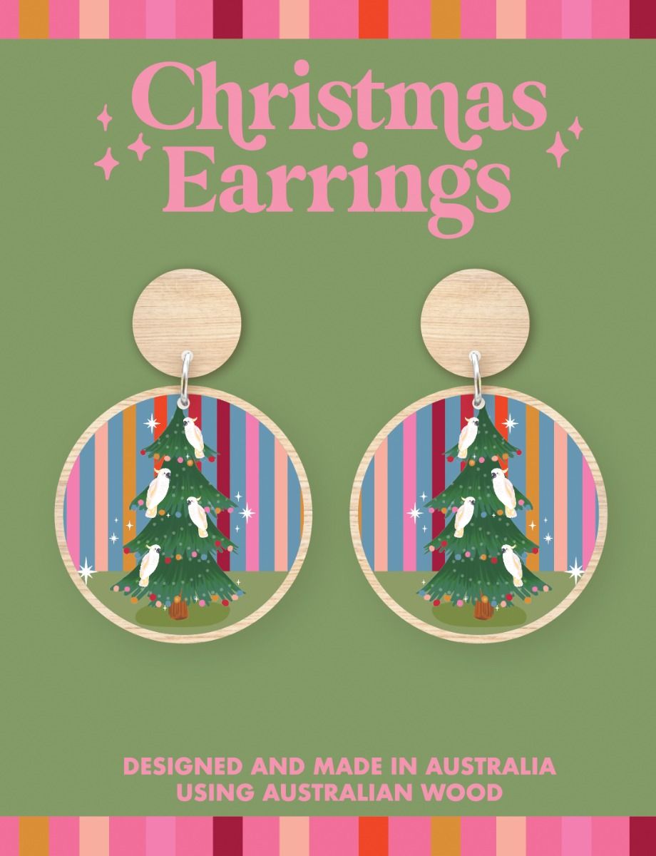Australian Wood Christmas Earrings - Striped Tree