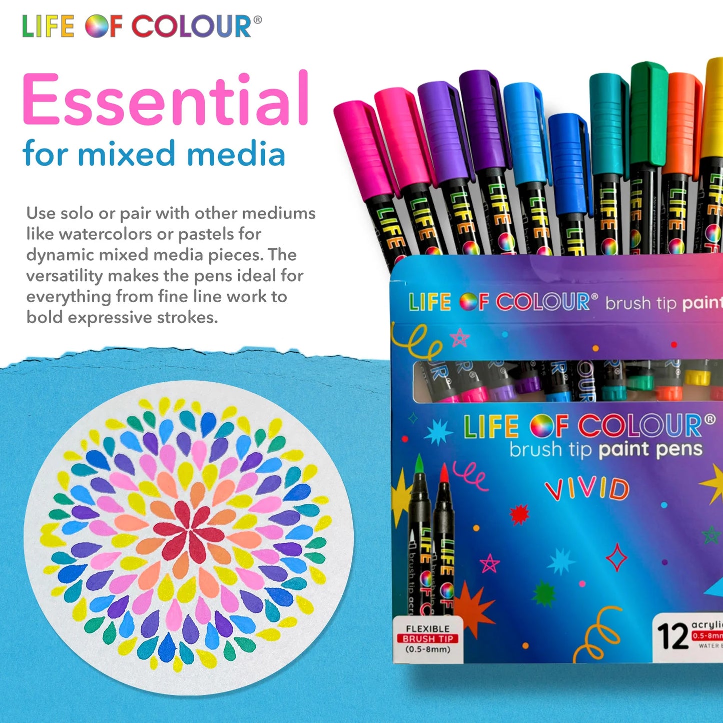 Life of Colour - Classic Colours 3mm Medium Tip Acrylic Paint Pens - Set of 12