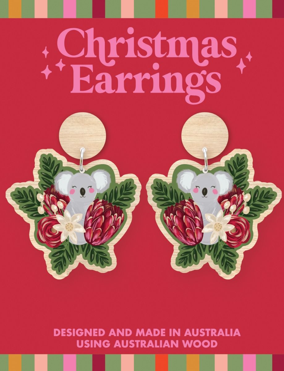 Australian Wood Christmas Earrings - Koala Protea