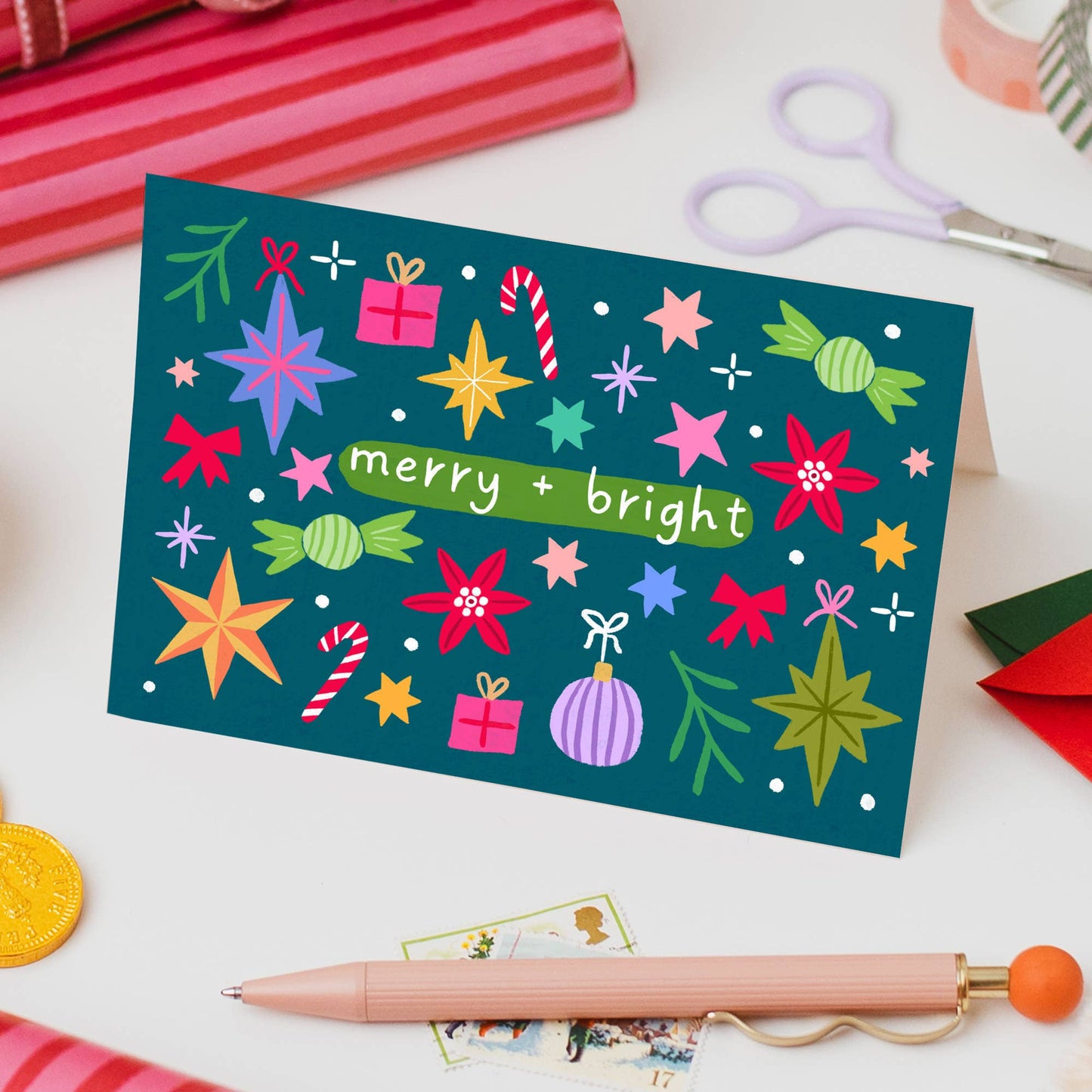 "Merry and Bright" Christmas Card | Hand Drawn Card Blue