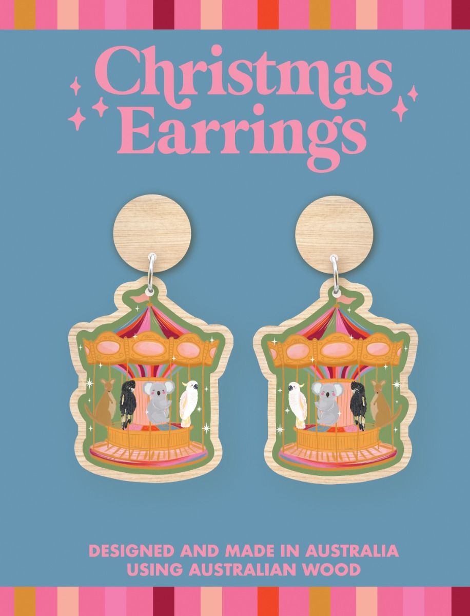Australian Wood Christmas Earrings - Carousel