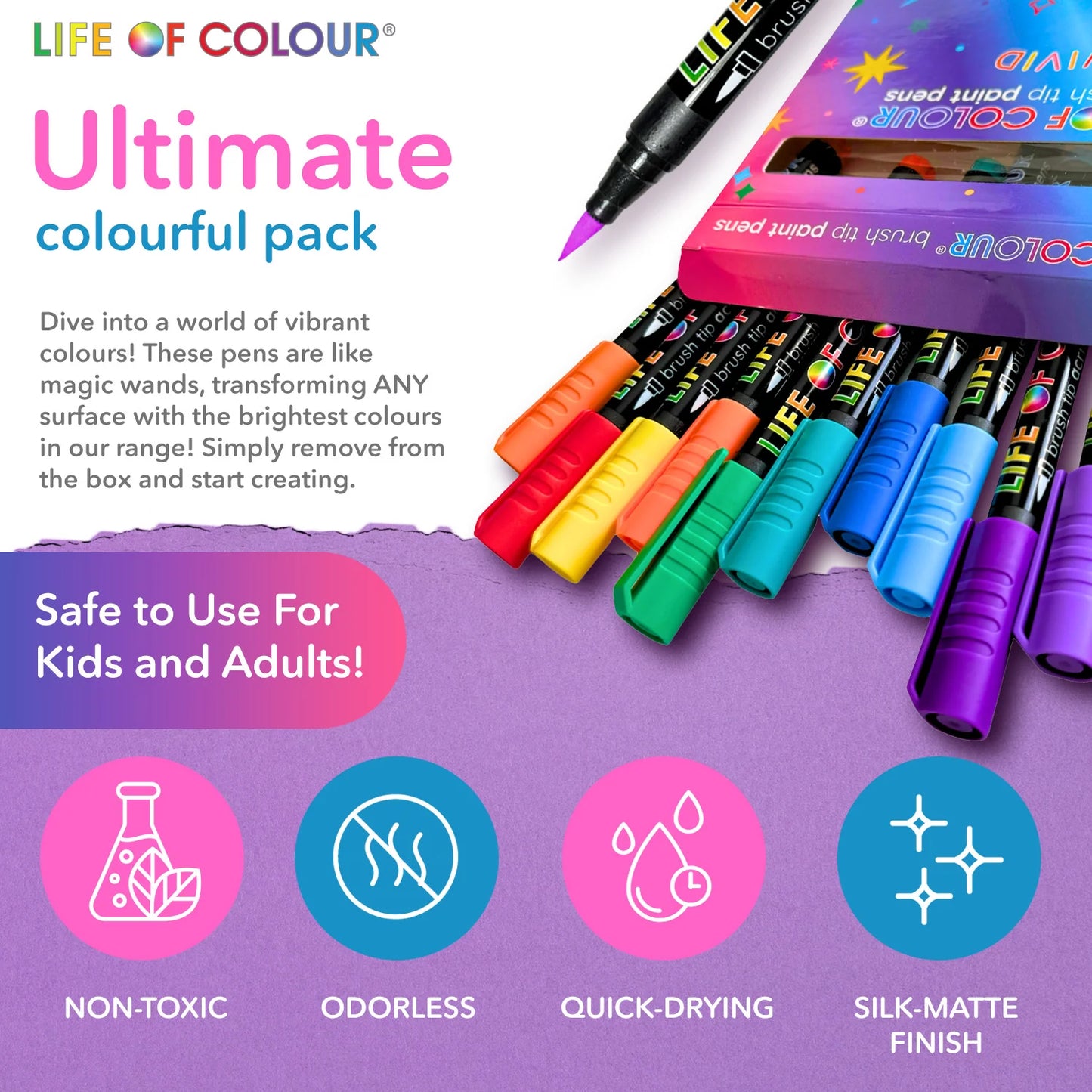 Life of Colour - Classic Colours 3mm Medium Tip Acrylic Paint Pens - Set of 12