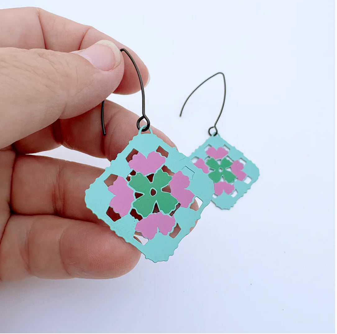 Denz earrings -Midi Granny Square Earrings - Aqua/Pink/Green