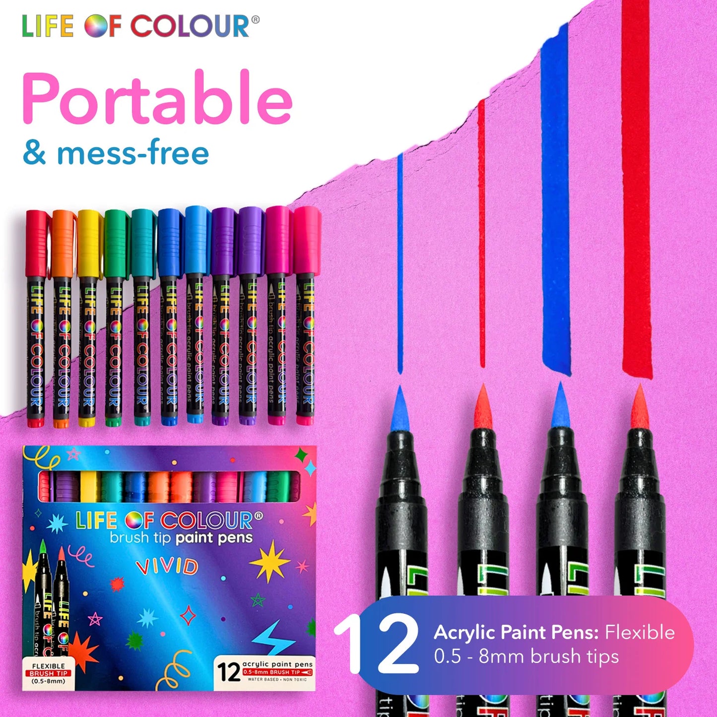 Life of Colour - Classic Colours 3mm Medium Tip Acrylic Paint Pens - Set of 12
