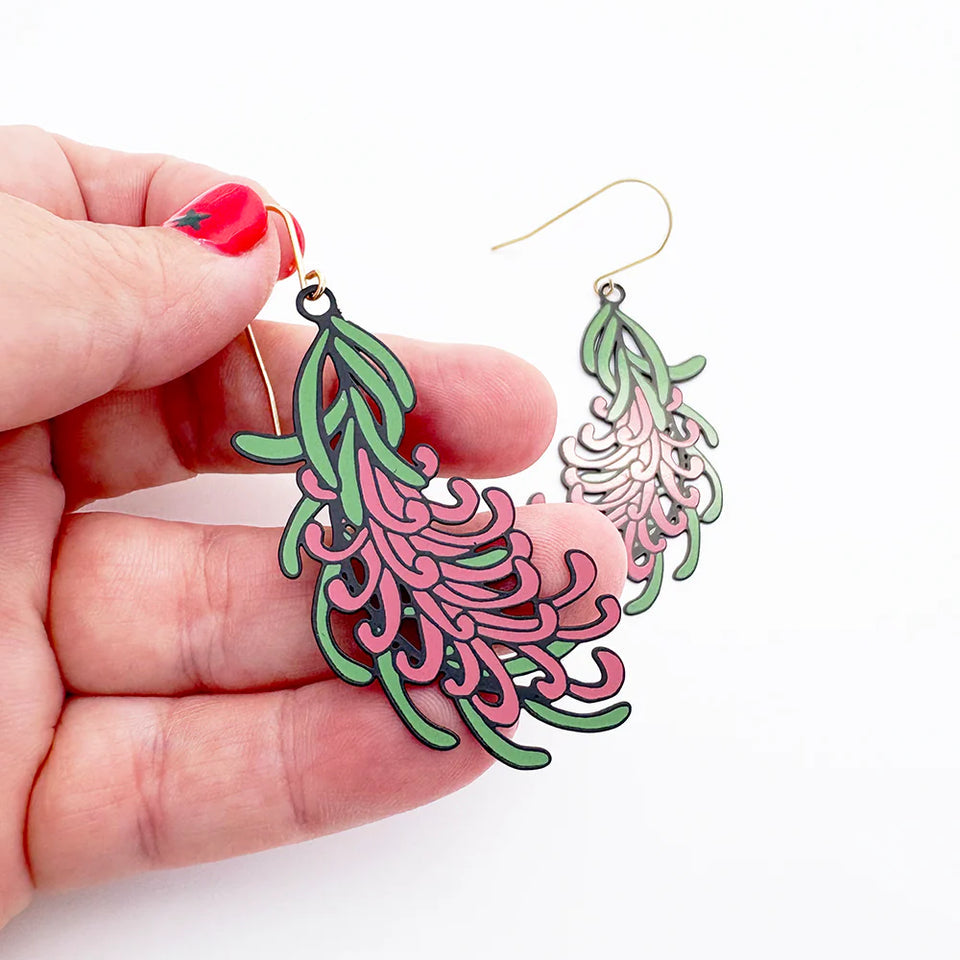 Denz earrings - Grevillea - Black/Green/Pink