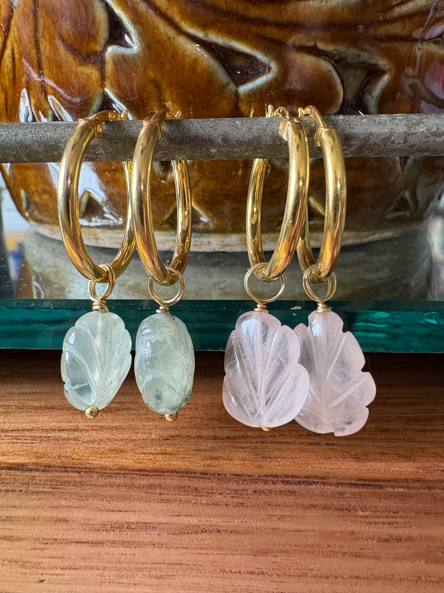 Adelphi Huggie Earrings with Carved Green Strawberry Quartz