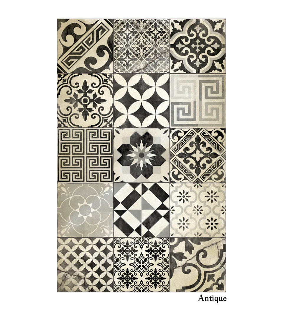Beija Flor - Eclectic Black and White Antique Vinyl Rug (120cm x 195cm)