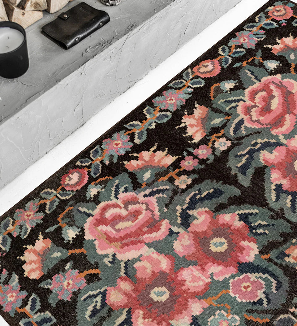 Beija Flor - Mary Black Rug Vinyl Runner 50cm x 120cm