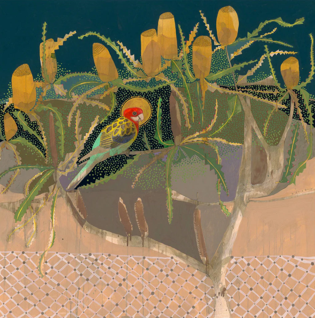 Dana Kinter limited edition print - “drifting away down palmer street, eastern rosella and orange banksia”