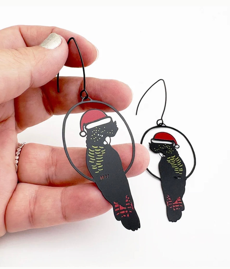 Denz earrings - Christmas Red Tail Black Cockatoo