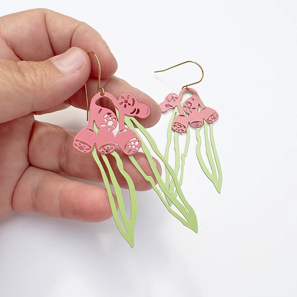 Denz earrings - Gumnut and Leaf - Green and Raspberry