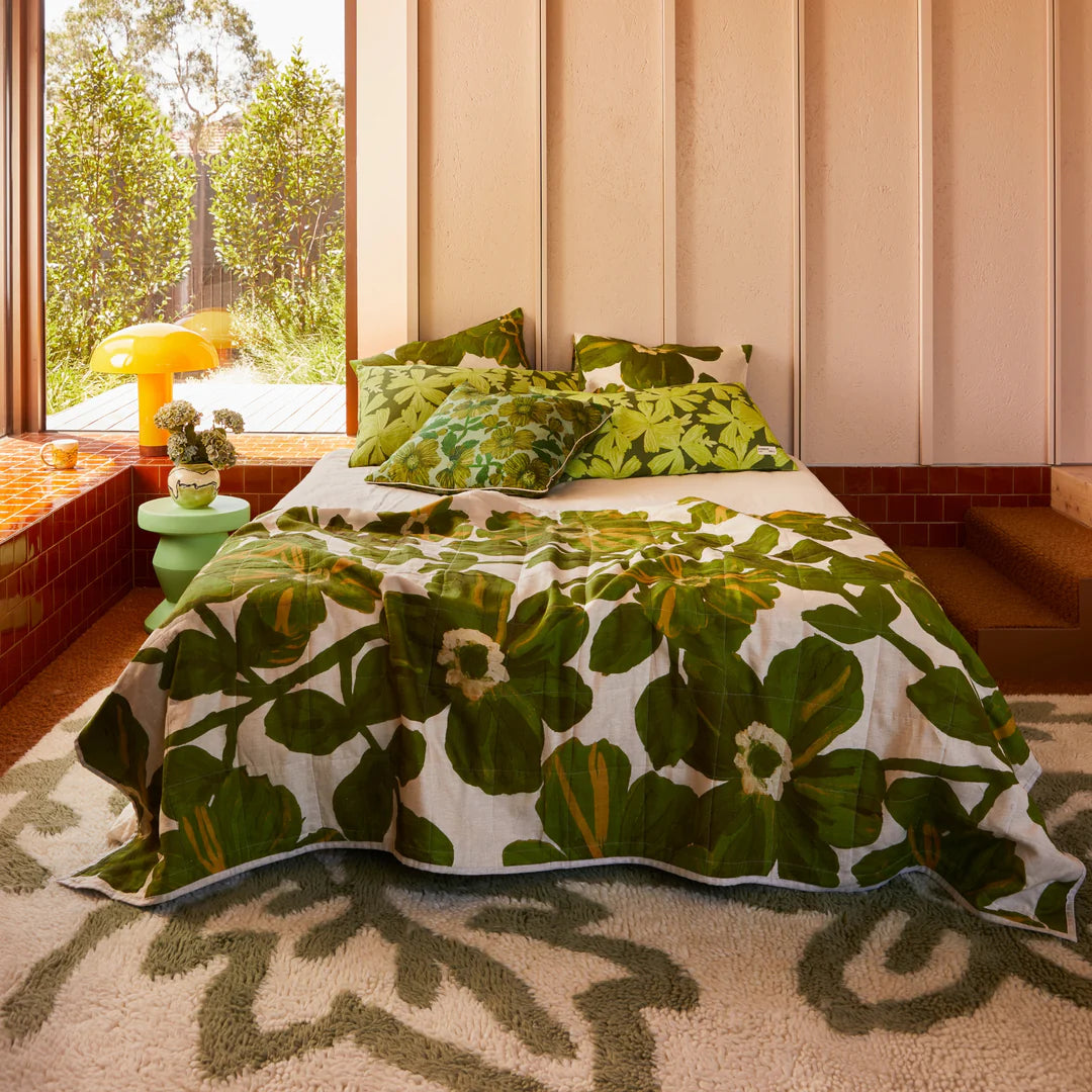 Bonnie and Neil Mave Rosetta Quilted Linen Throw - Khaki