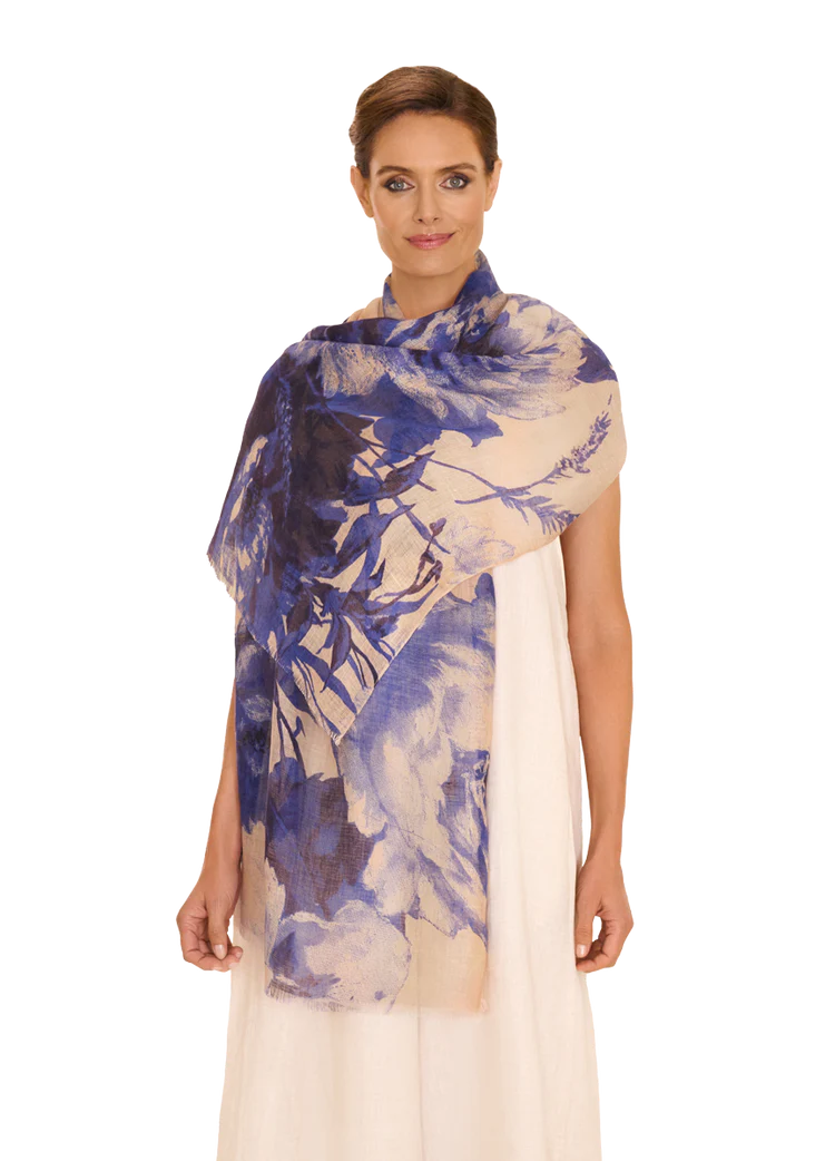 POWDER China Blue Blooms Linen/Cotton Scarf