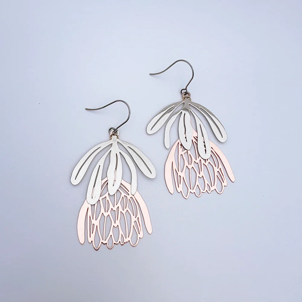 Denz Protea Flower Dangle Silver/Rose Gold Earrings
