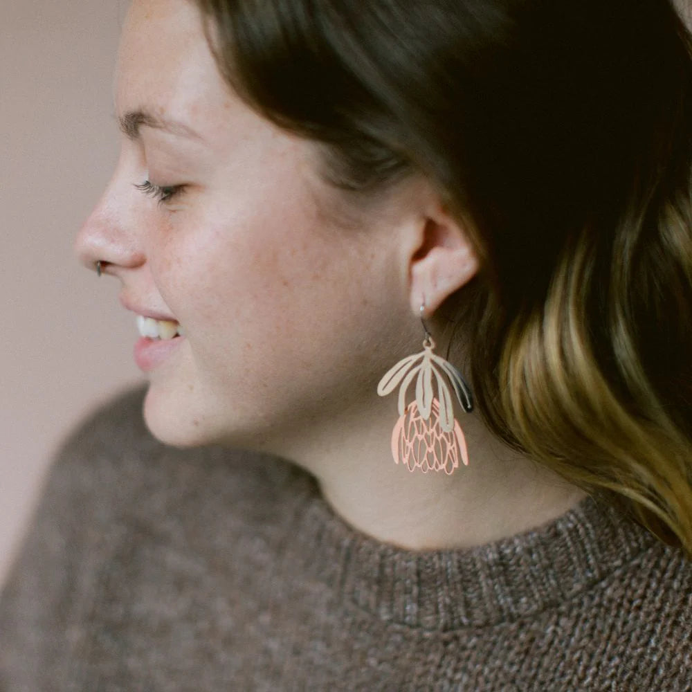 Denz Protea Flower Dangle Silver/Rose Gold Earrings