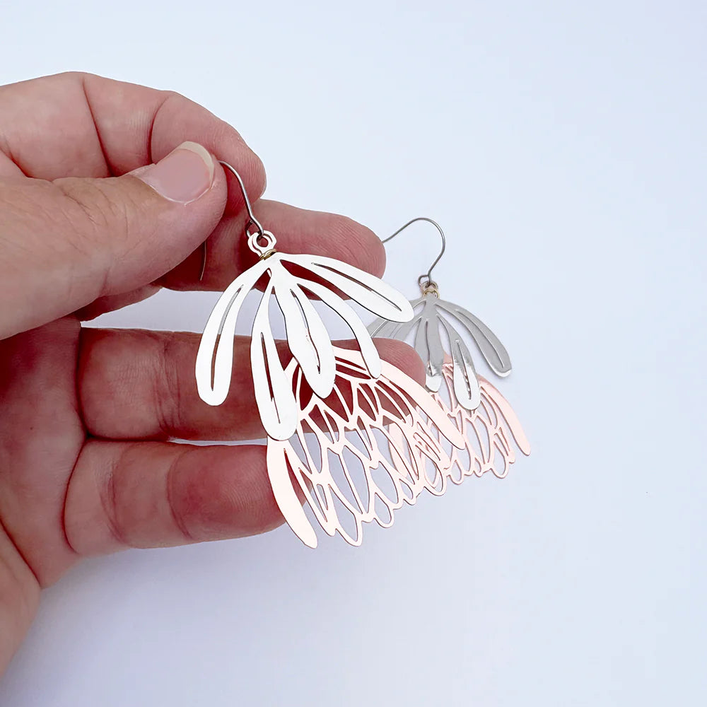 Denz Protea Flower Dangle Silver/Rose Gold Earrings