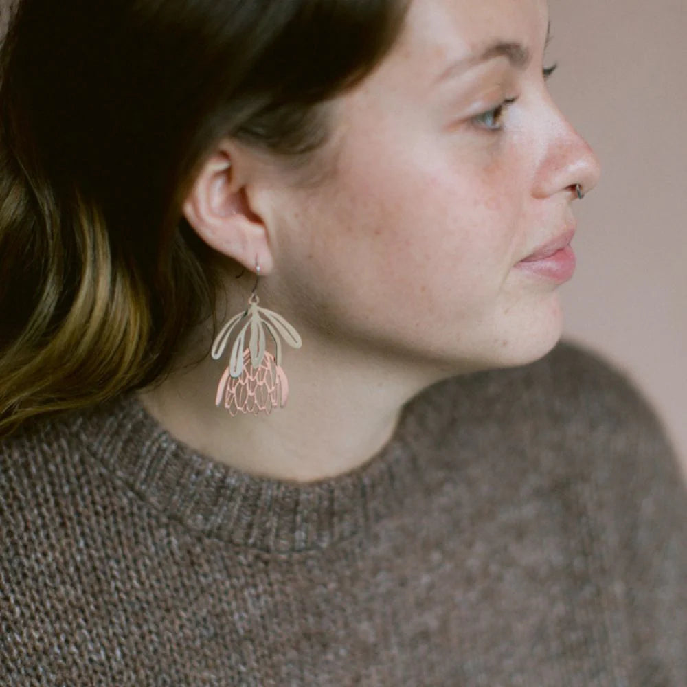 Denz Protea Flower Dangle Silver/Rose Gold Earrings