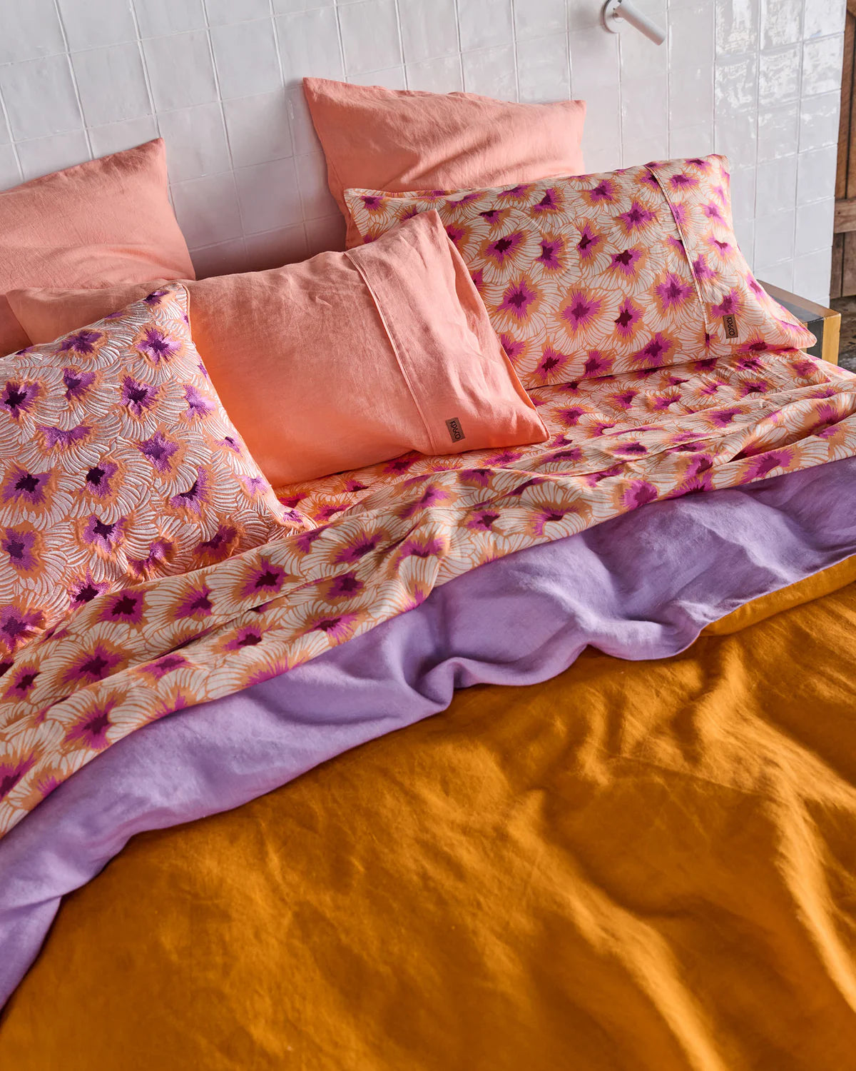 Kip and Co Linen Flat Sheet Peach Hibiscus