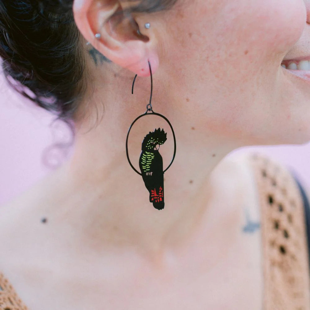 Denz earrings - Red Tailed Black Cockatoo