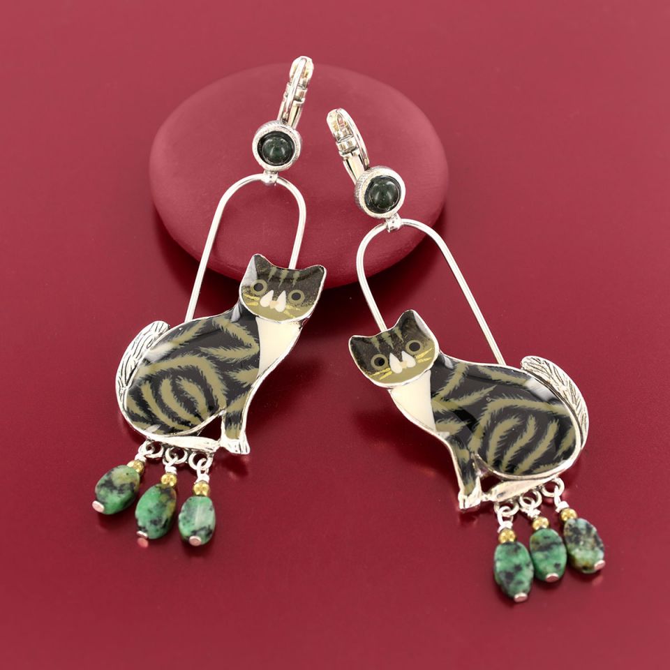 Taratata Jewellery - Tabby Cat Long Lever Back Earrings