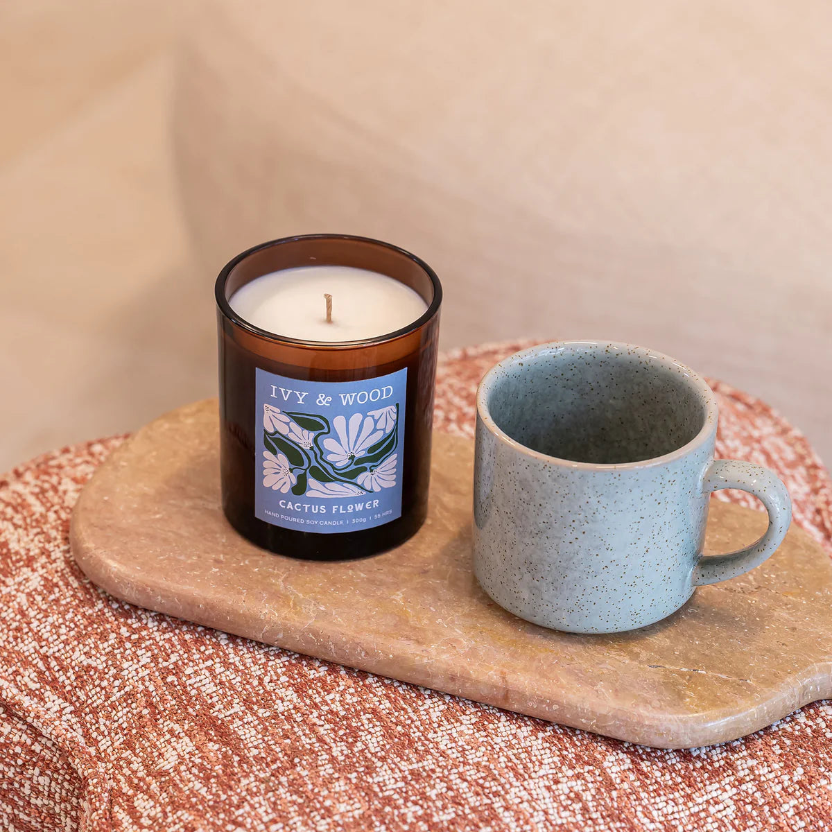 Ivy and Wood Cactus Flower Candle