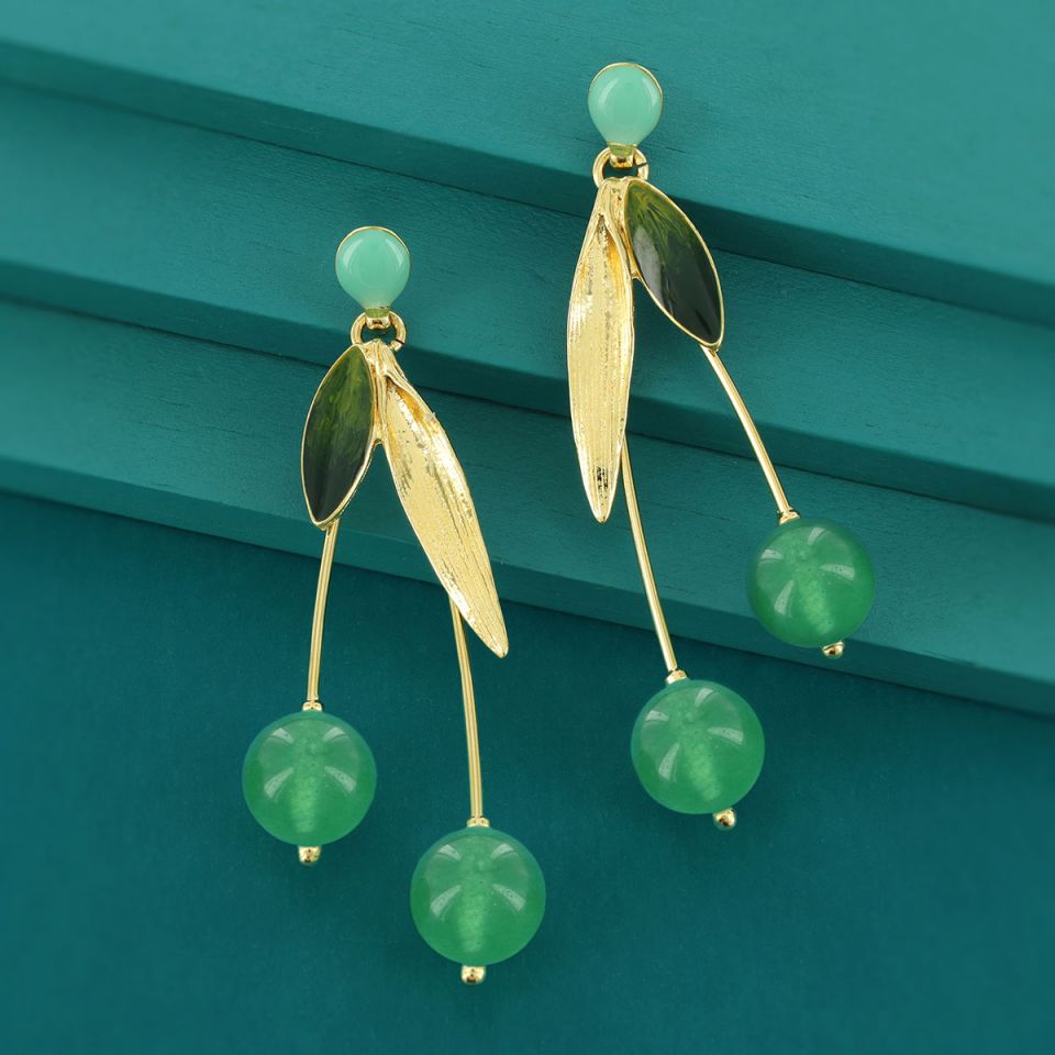 Taratata Jewellery - Green Leaf with Bead Stud Earrings