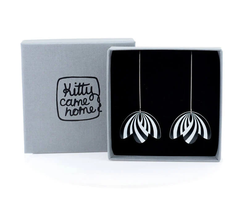 Monochrome Art Deco Drapes Long Drop Hook Earrings
