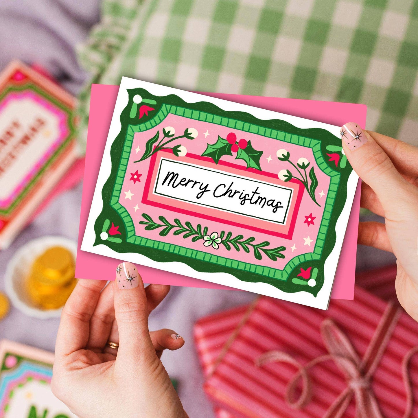 "Merry Christmas" Card | Vintage Holly Pink Illustration
