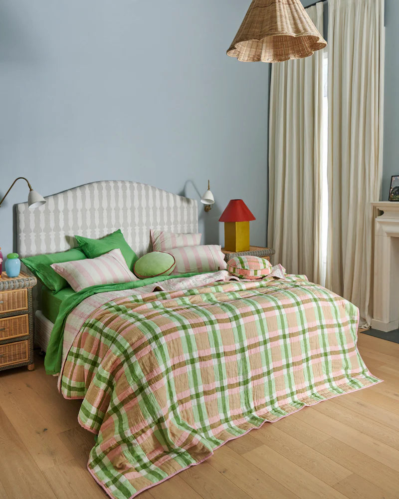 Kip and Co Quilted Linen Bedspread - Pistachio Tartan