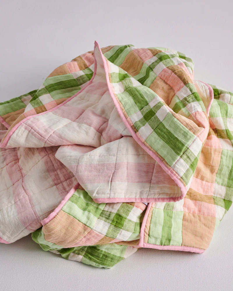 Kip and Co Quilted Linen Bedspread - Pistachio Tartan