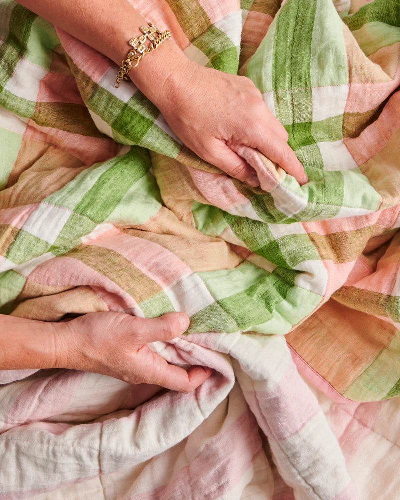 Kip and Co Quilted Linen Bedspread - Pistachio Tartan
