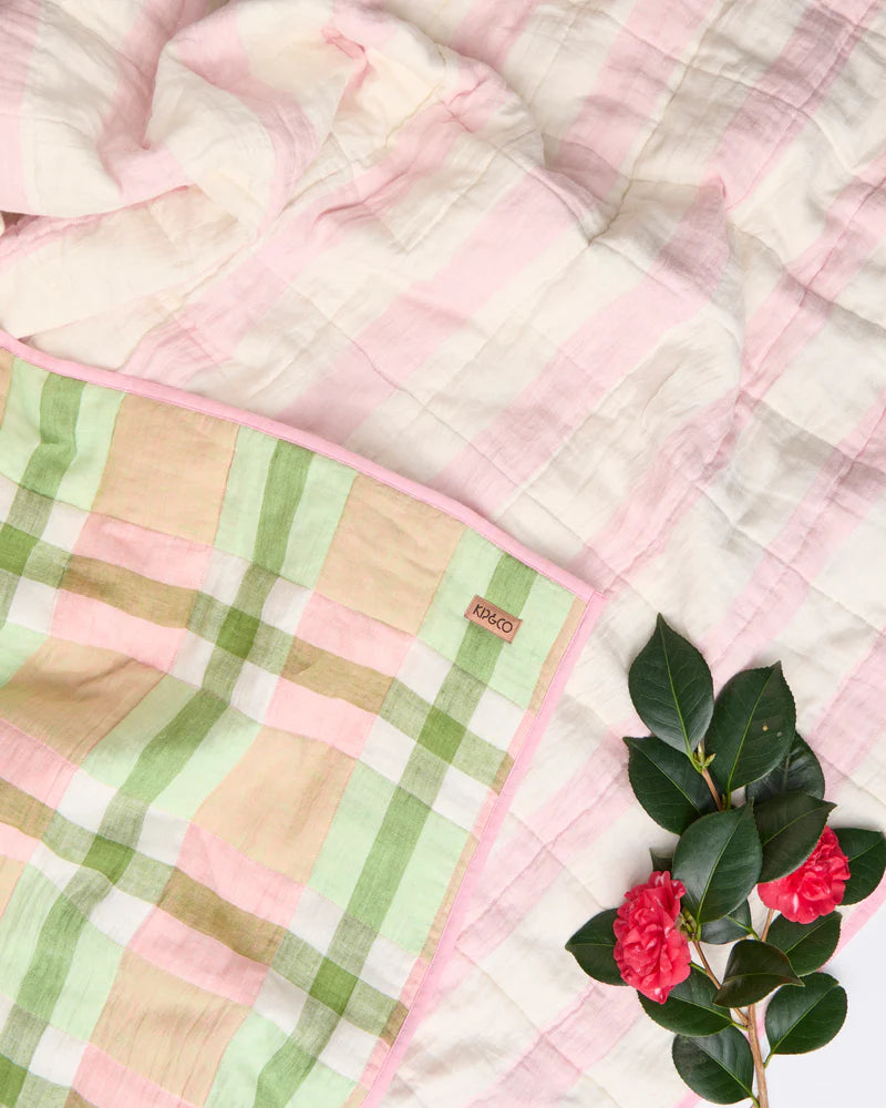 Kip and Co Quilted Linen Bedspread - Pistachio Tartan
