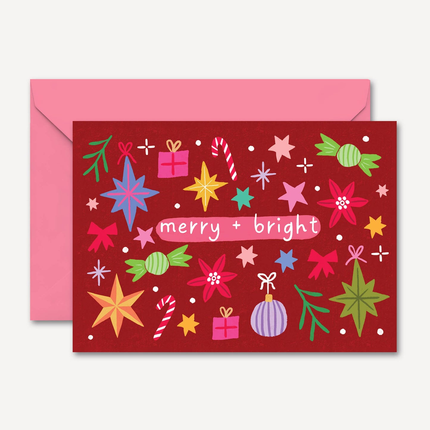 "Merry and Bright" Christmas Card | Hand Drawn Card Red