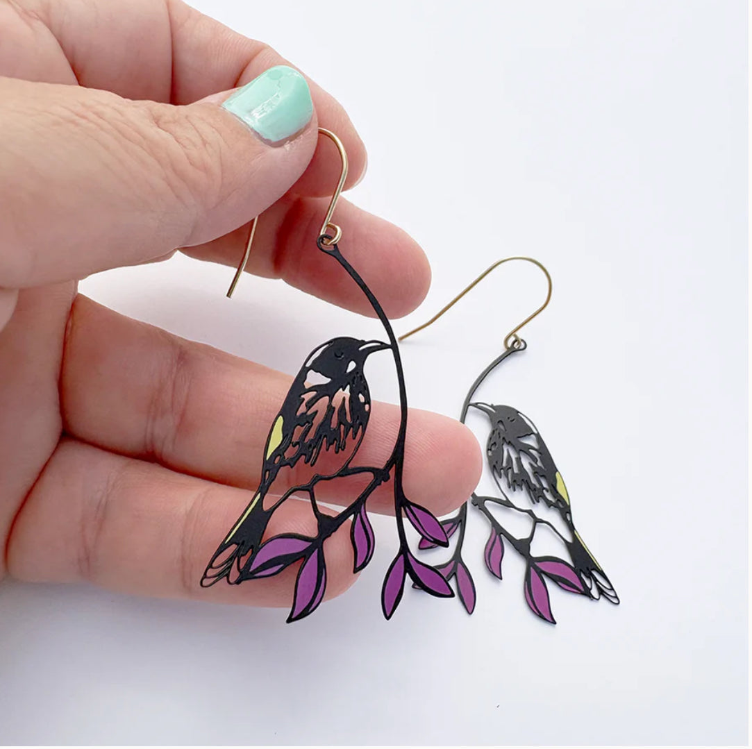 Denz earrings - Midi New Holland Honeyeater - Black/Yellow/Purple