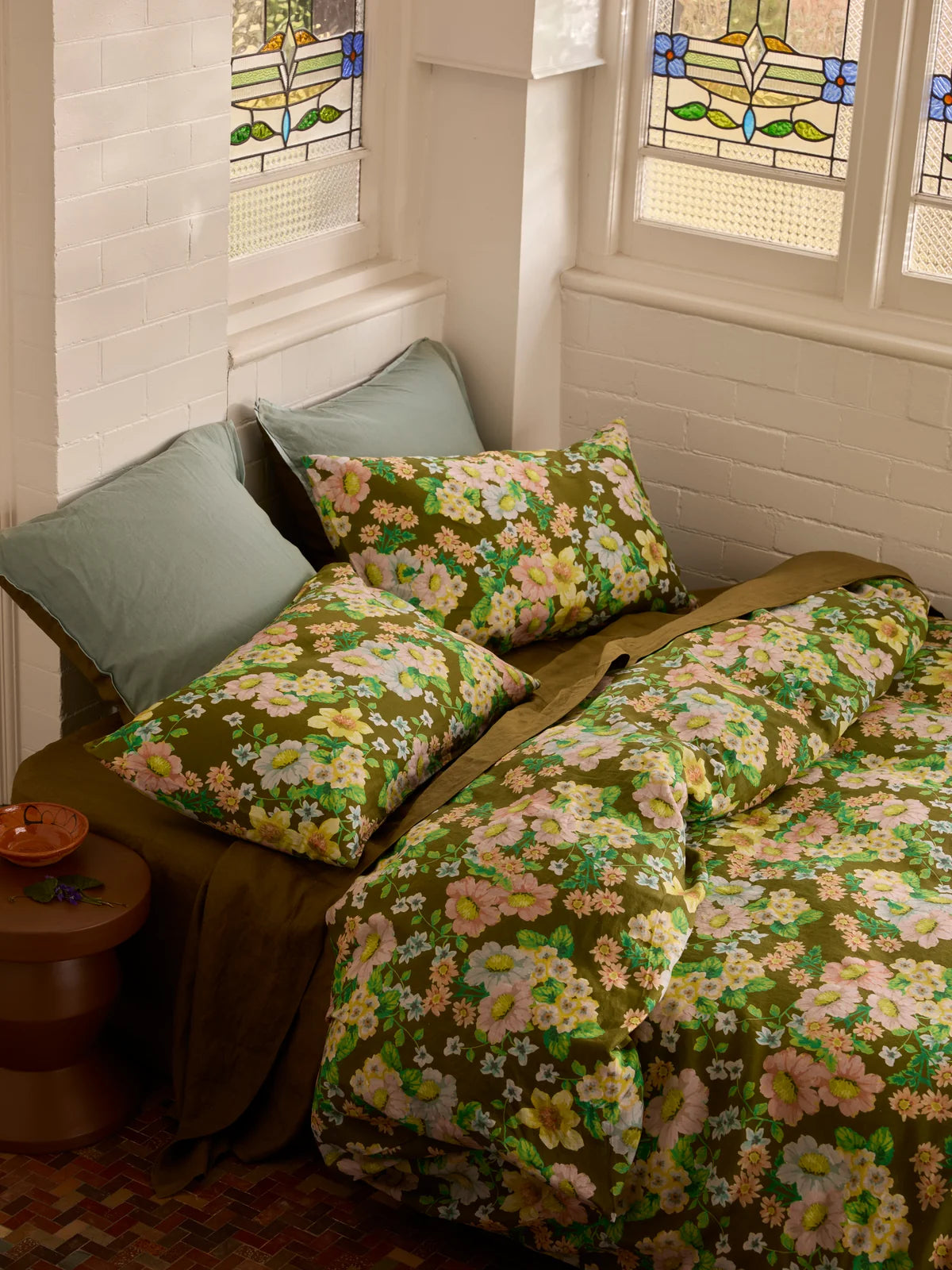 Bonnie and Neil Buttercup Olive Linen Standard Pillowcases