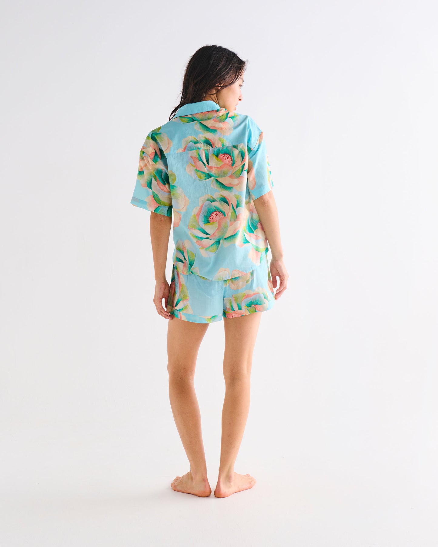 Kip and Co Organic Cotton Short Sleeve Shirt & Short Pyjama Set - Big Beauty Floral Blue
