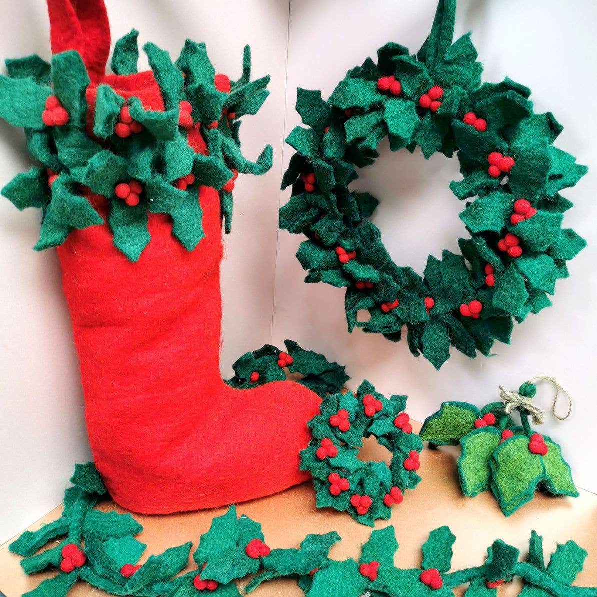 Handmade Felt Biodegradable Holly Sprig Christmas Hanging