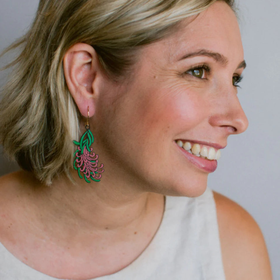 Denz earrings - Grevillea - Black/Green/Pink