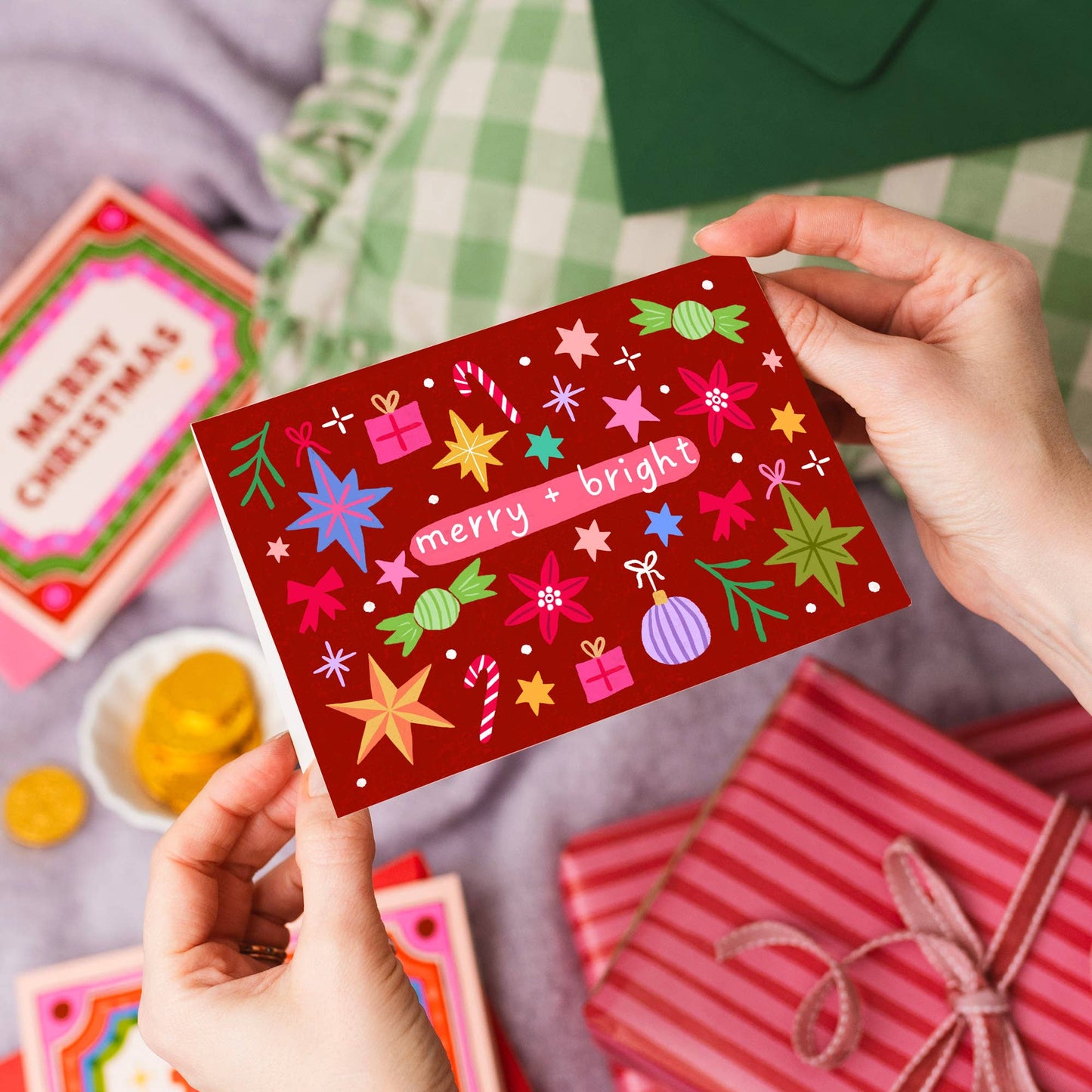 "Merry and Bright" Christmas Card | Hand Drawn Card Red