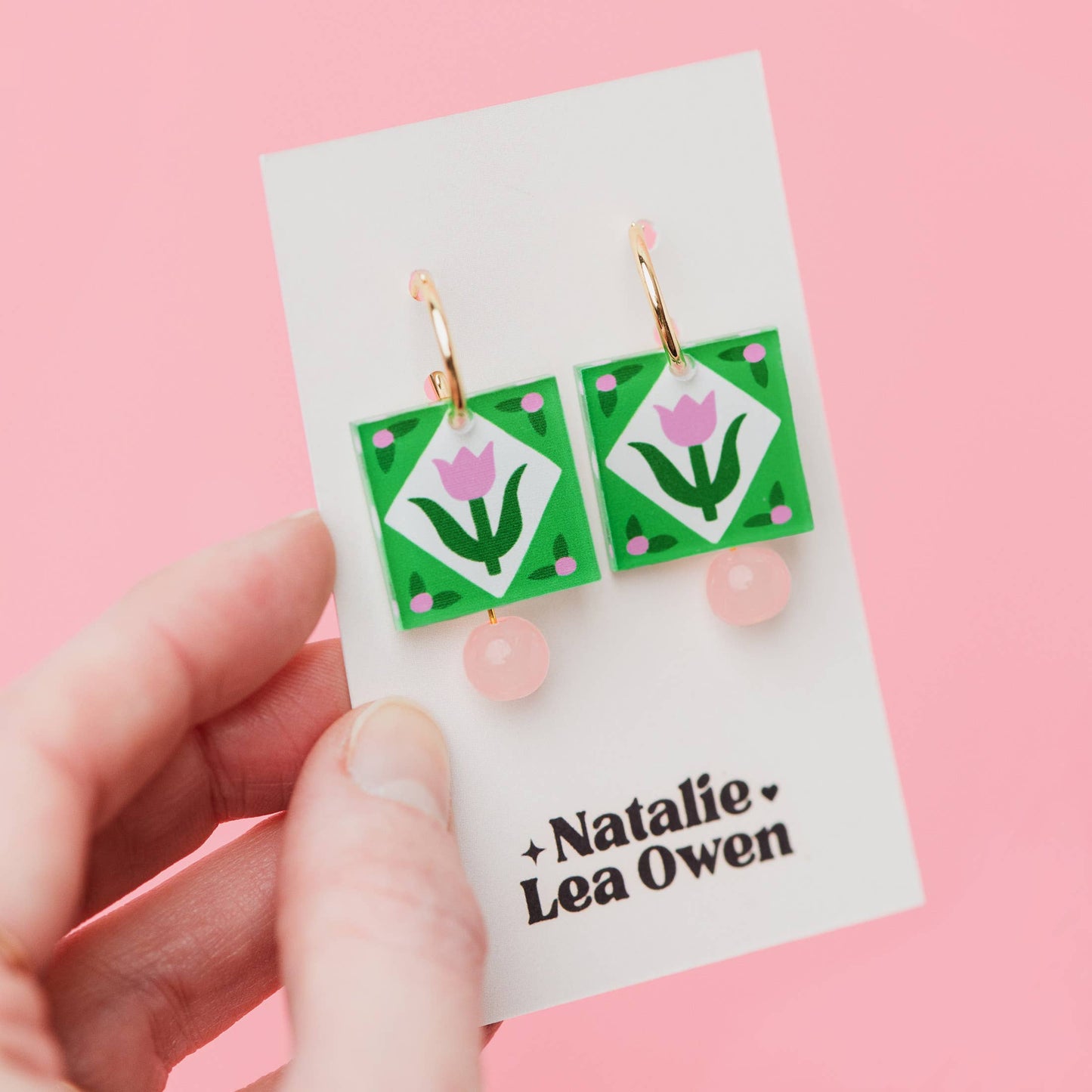 Hoop Earrings | Green Folk Floral Square Charm | Jewellery