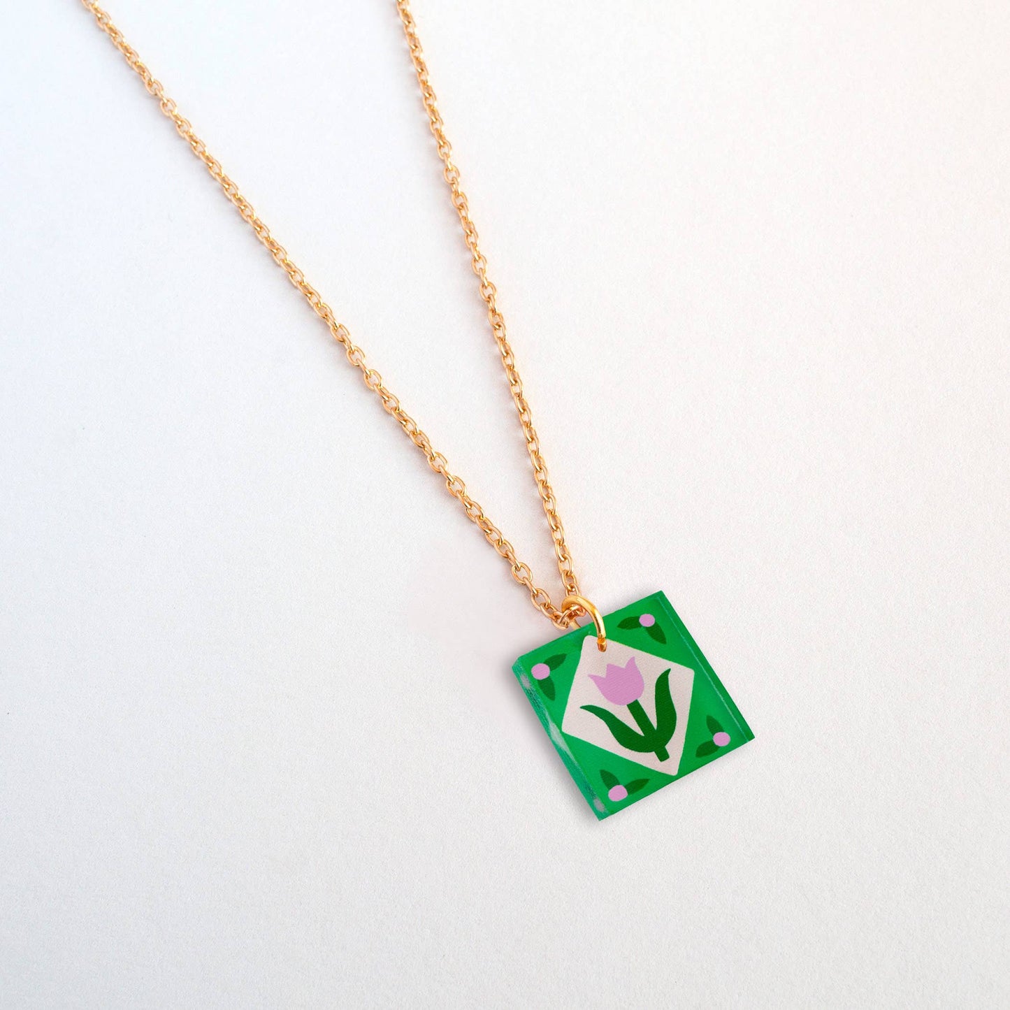 Necklace | Green Pink Floral Charm | Gold Plated Pendant