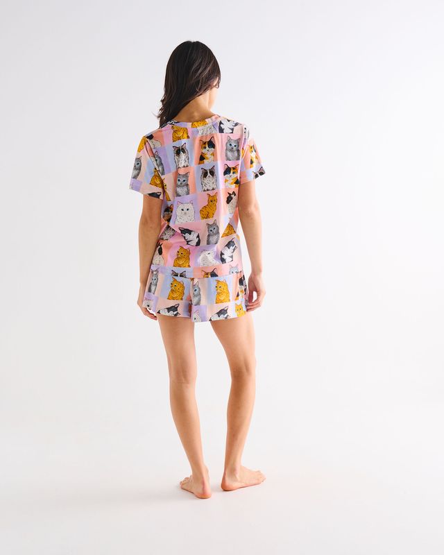 Kip and Co Organic Cotton Short Sleeve T-Shirt & Shorts Pyjama Set - Kitty Cat