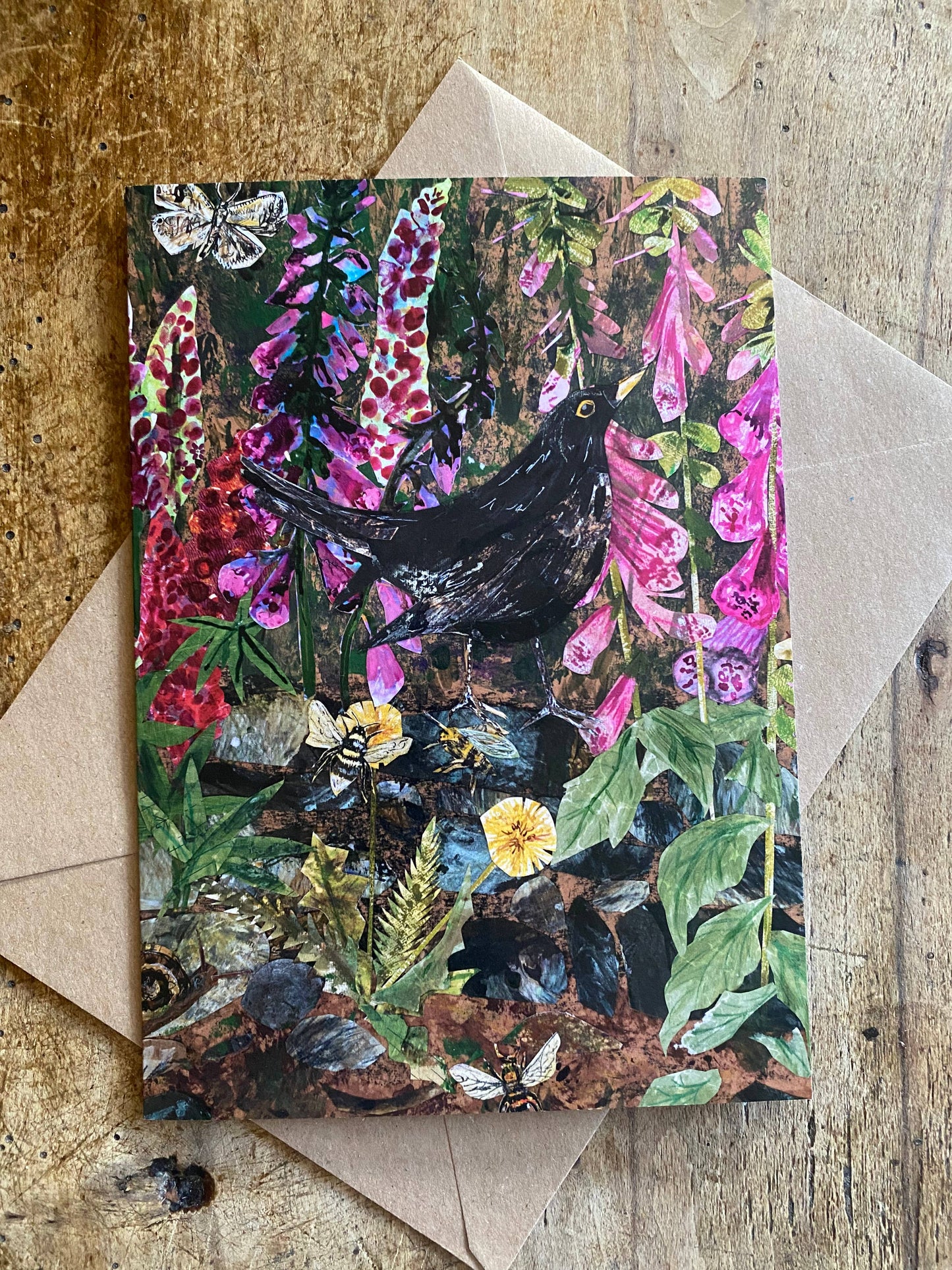 LARGE Blackbird in foxgloves blank greeting card
