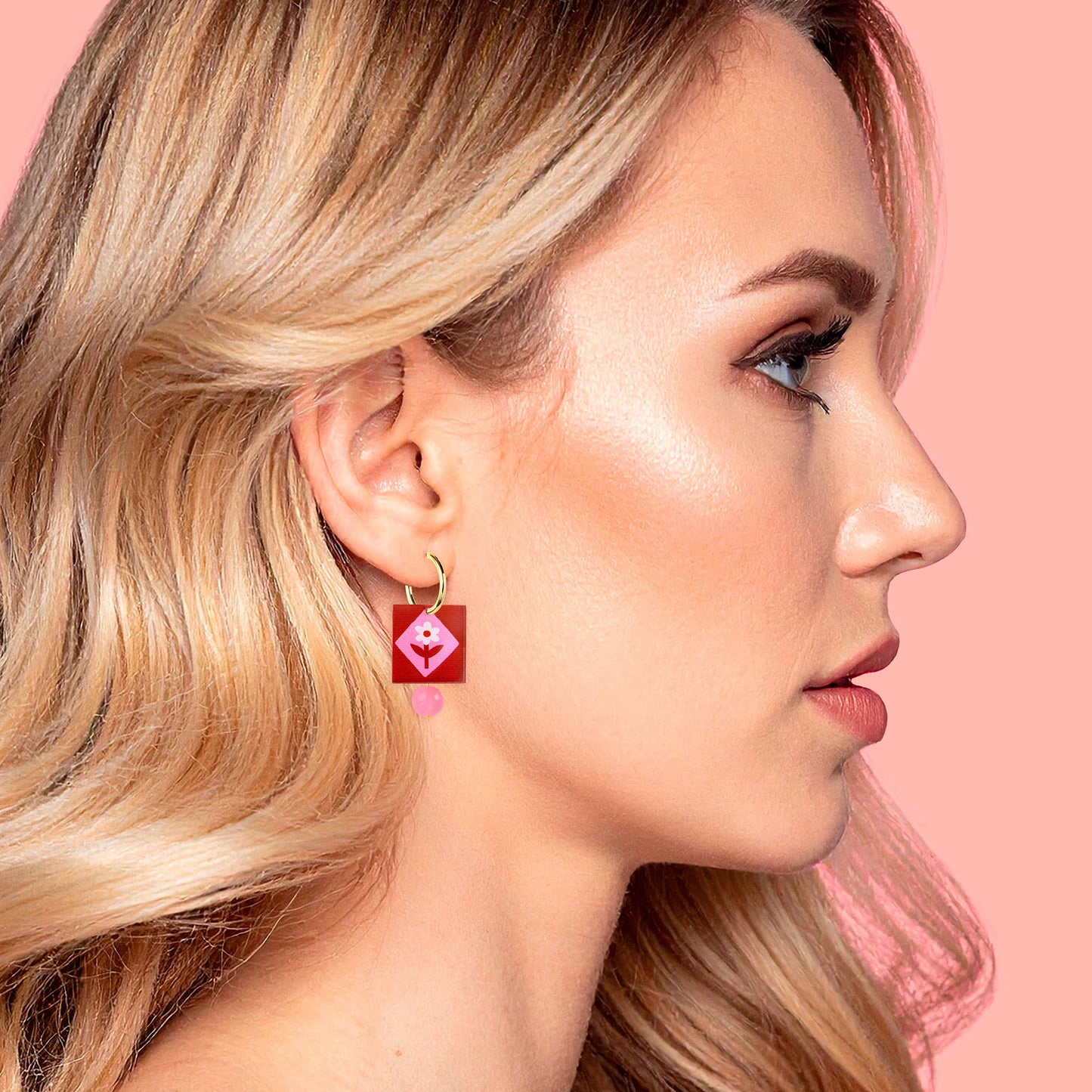 Red Pink Folk Floral Hoop Earrings Square Charm Gold Plated
