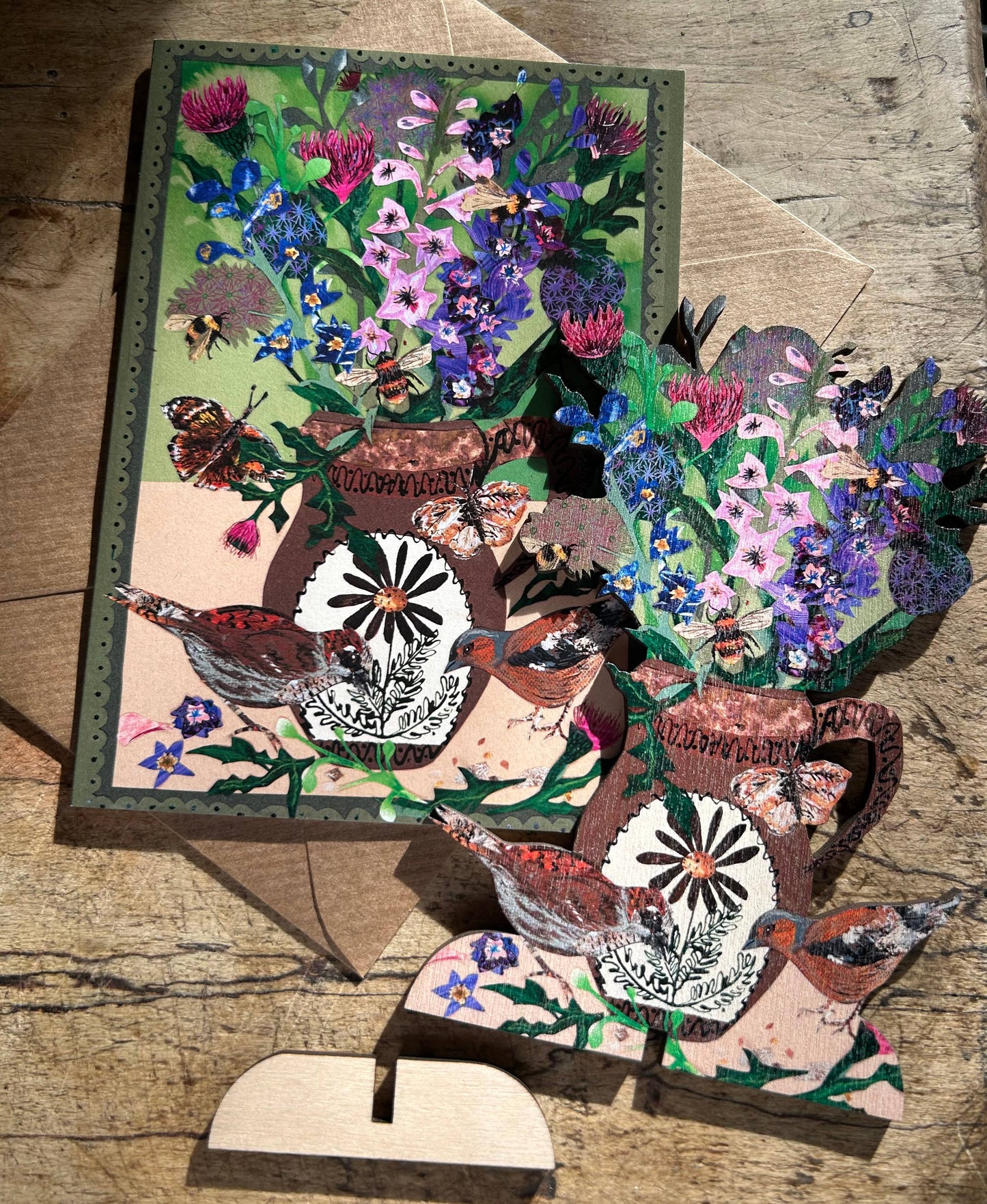 Summer Blooms laser cut birch plywood keepsake and stand.