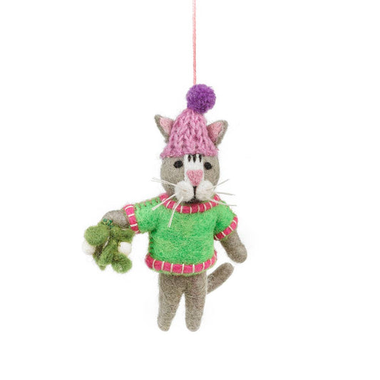 Handmade Felt Mistletoe Meows Christmas Cat Decoration