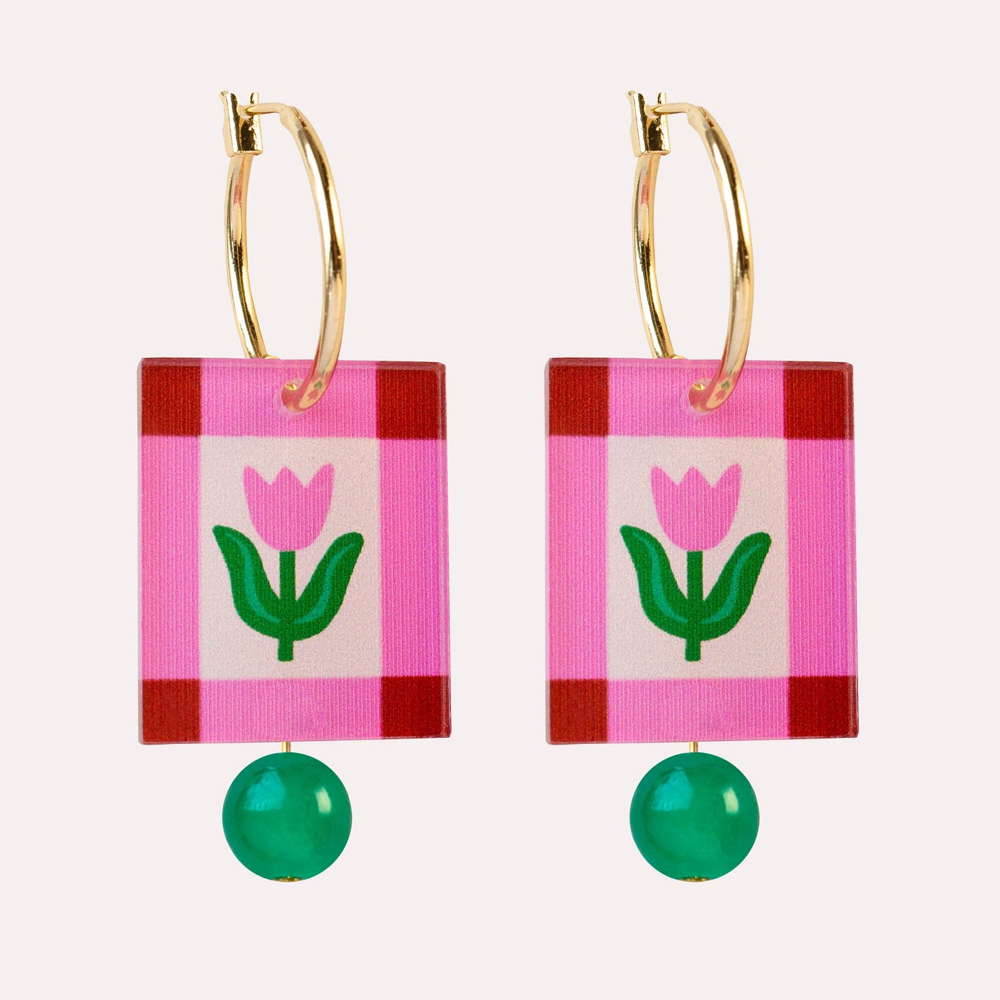Pink Folk Floral Hoop Earrings Rectangle Charm Gold Plated