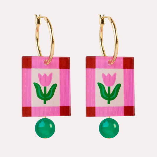 Pink Folk Floral Hoop Earrings Rectangle Charm Gold Plated