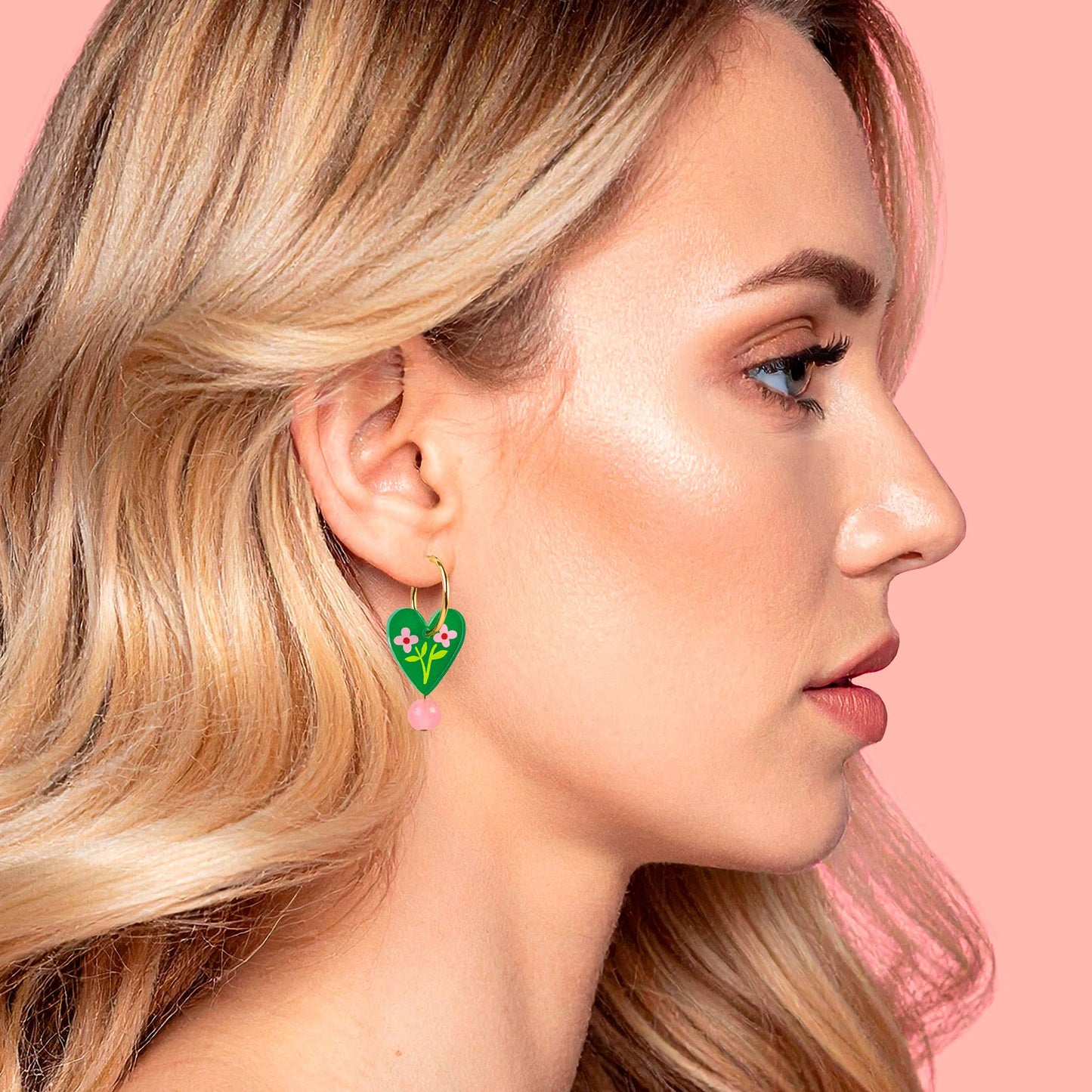 Green Floral Heart Charm Hoop Earrings | Mother's Day Gift