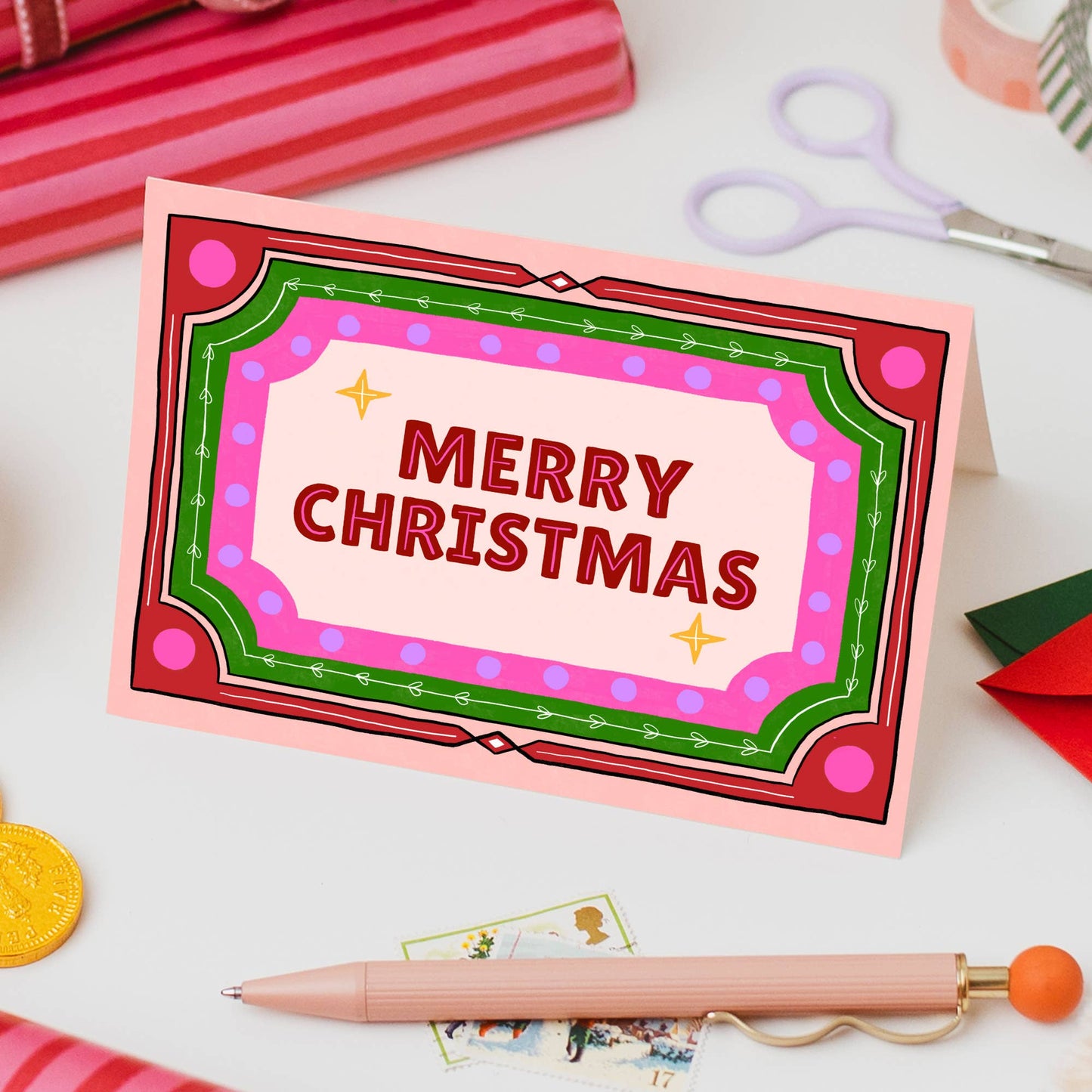 "Merry Christmas" Card | Retro Hand Drawn Border